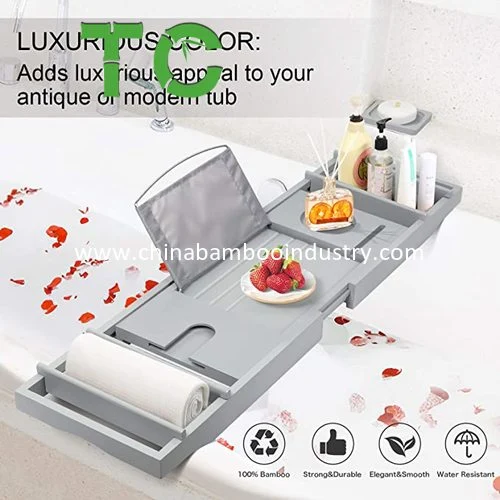 Grey Bathtub Caddy Tray, Bamboo Bathtub Tray with Tablet and Wine Holder, Extendable Sides Bath Organizer, Free Soap Dish