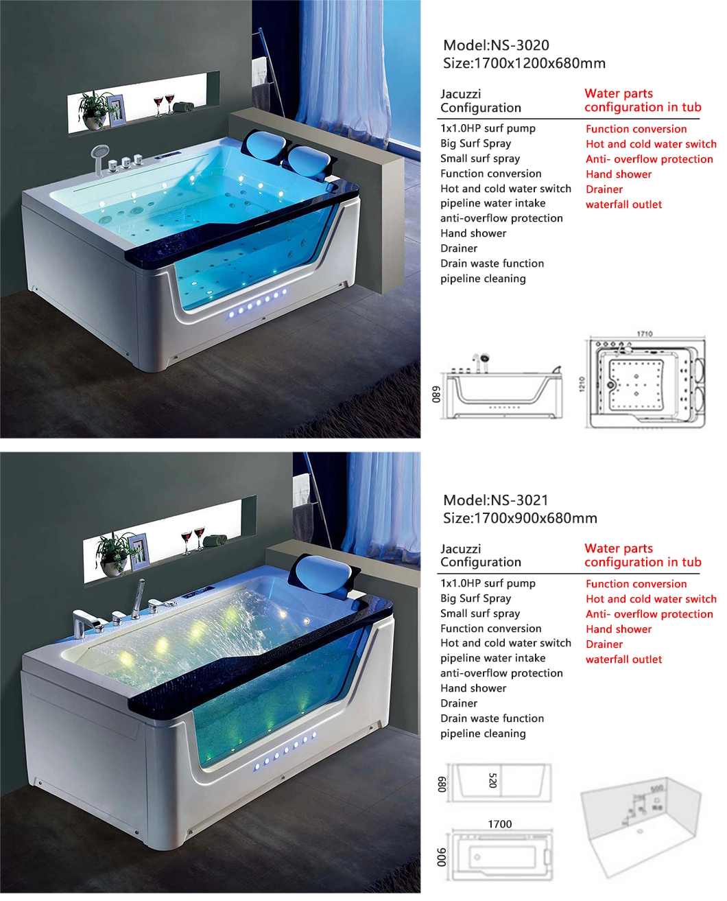 Modern Acrylic Jakuzzi Indoor Bathtub Hydromassage Surfing Whirlpool Waterfall SPA Bathtub for Bathroom