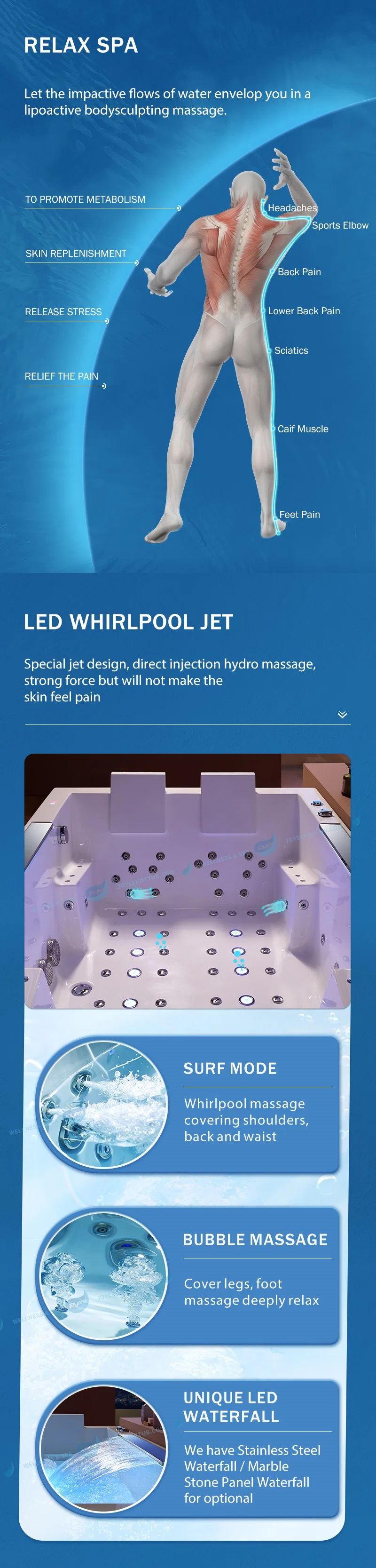 Joyee Luxury Bathtub Acrylic Hydro Massage Jet SPA Indoor LED Light Whirlpool Bathtub 1-2 People Shower Tub
