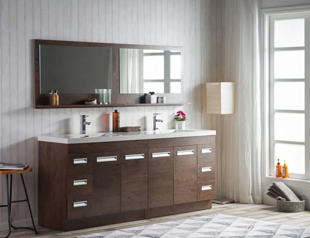 Plywood with Melamine Bathroom Vanity Modern Freestanding Cabinet Rectangle Framed Mirror Double Ceramic Basin Wood Bathroom Cabinet