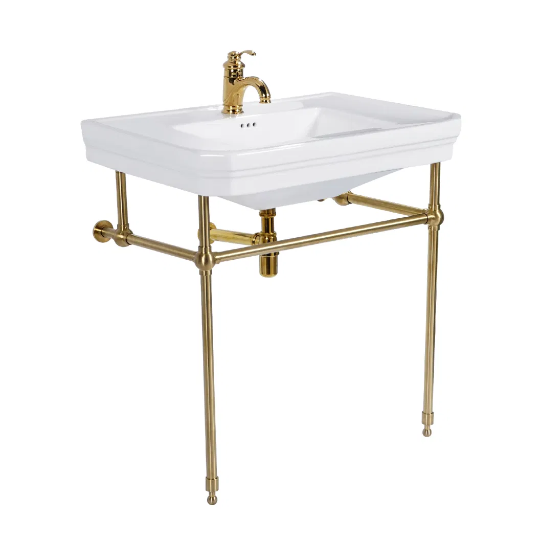 Popular Polished Ceramic Porcelain Sanitary Ware Gold Cabinet Cloakroom Bathroom Vanity Handmade Lavatory Console Freestanding Washbasin Furniture