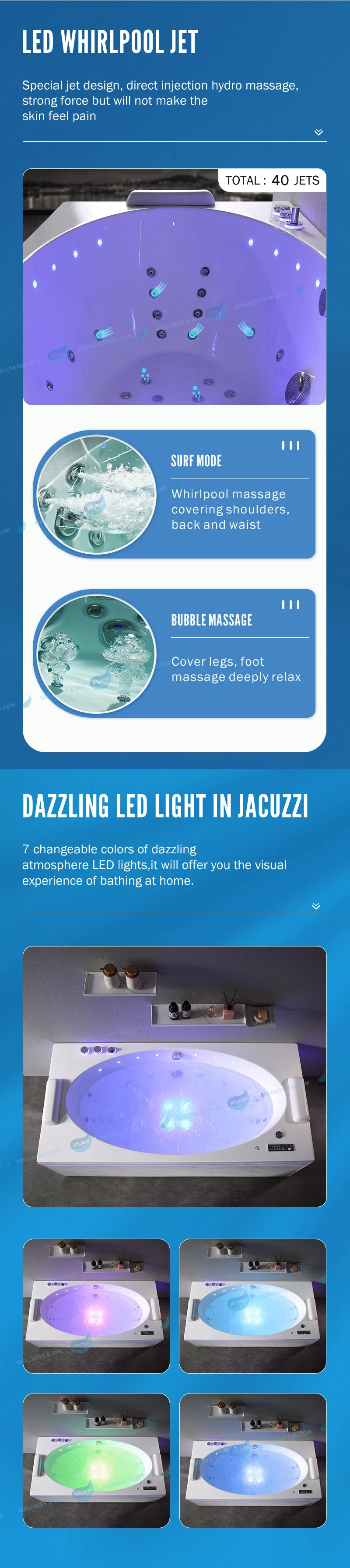 Joyee 2 Couple Shower Combo LED Bubble Jet Whirlpool Massage Bathtub