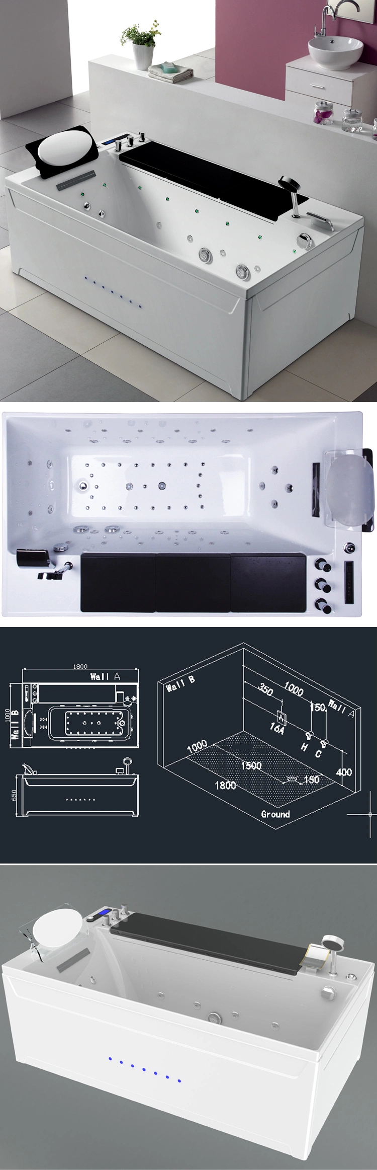 Hot Sale One Person Bathroom Whirlpool Massage Bathtub Sanitary