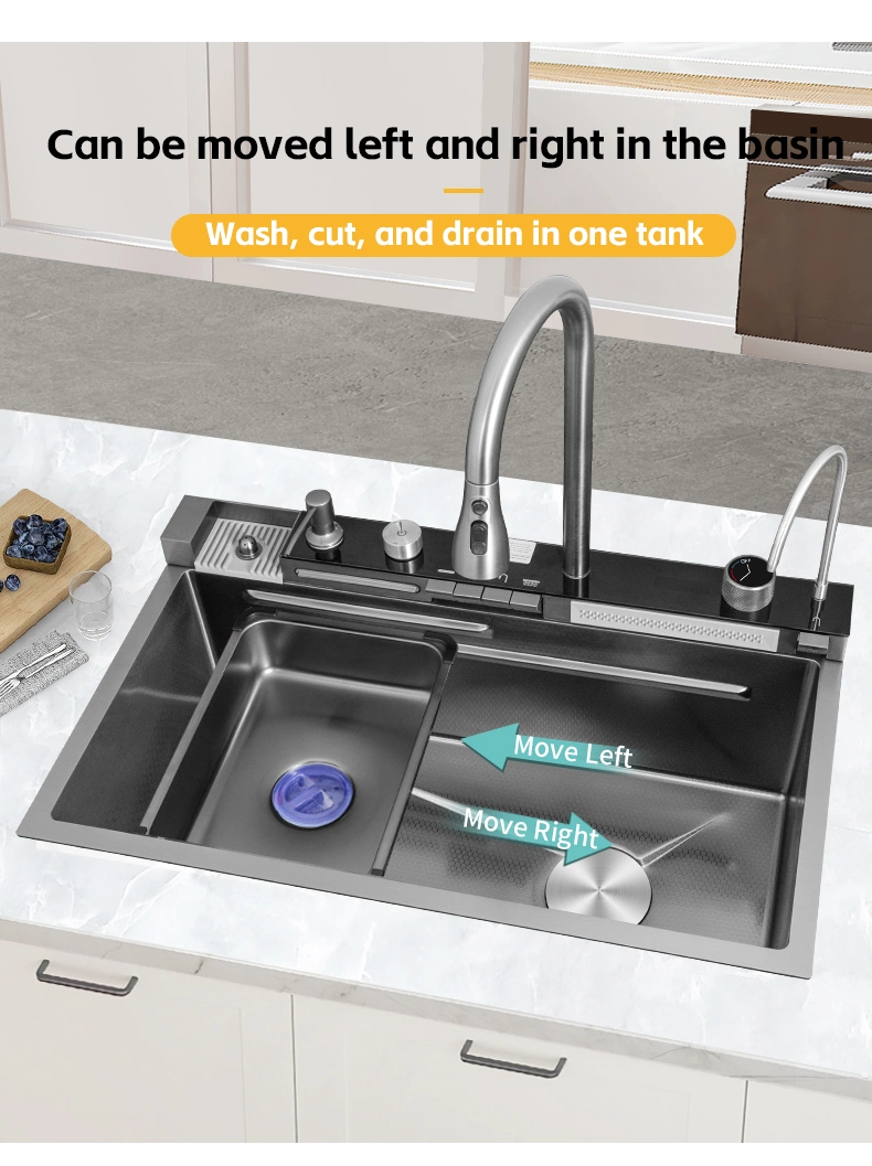 Smart Kitchen Sinks Black Nano Whale Waterfall Sink Large Single-Slot Thickened Honeycomb Washbasin Stainless Steel Home Kitchen Sink