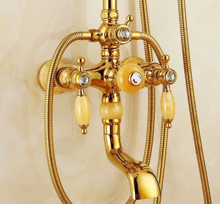 European Style Solid Brass Rain Shower Set Three Water Outlets Golden Shower with The Jade Stone