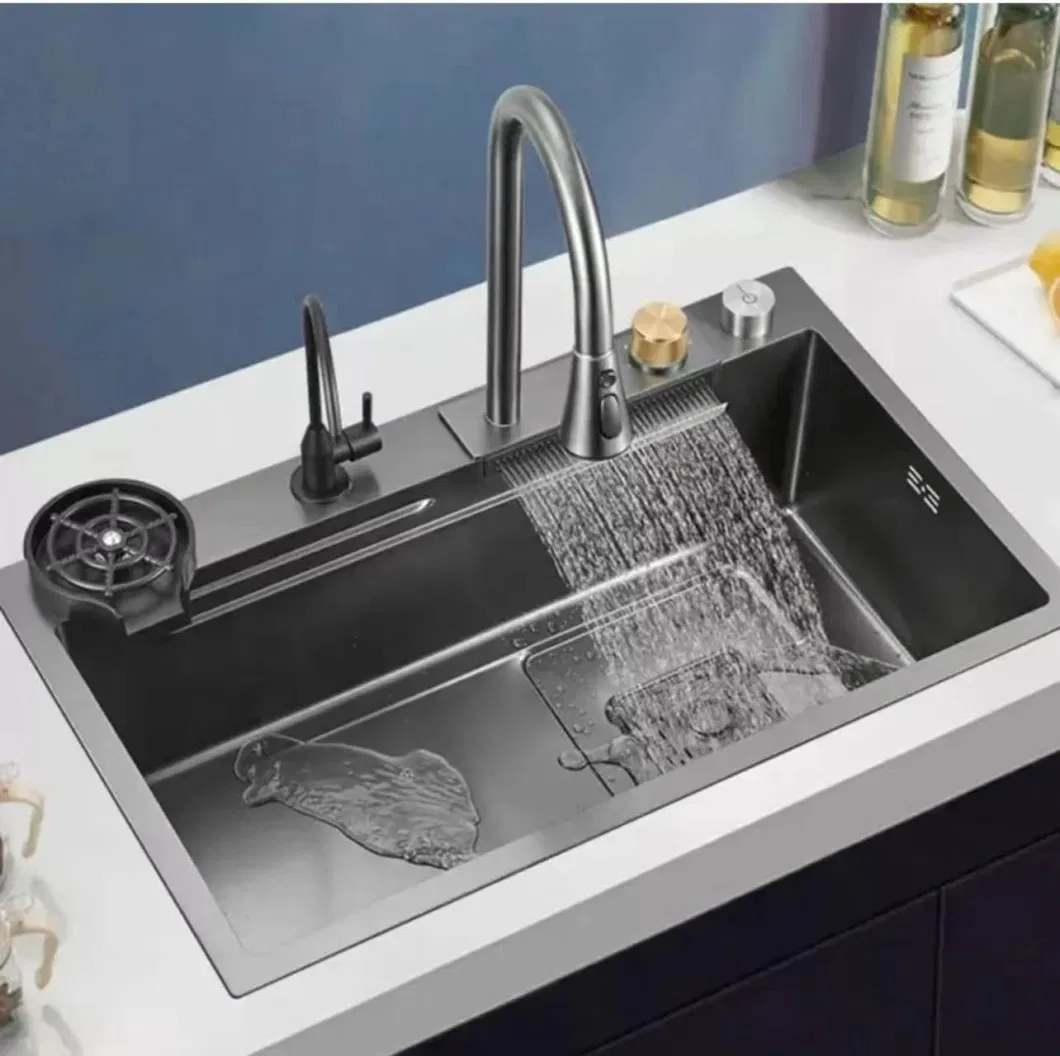 Rectangular 304 Bowl Undermount Stainless Steel Apron Farmhouse Handmade Smart Waterfall Multifunction Kitchen Sink