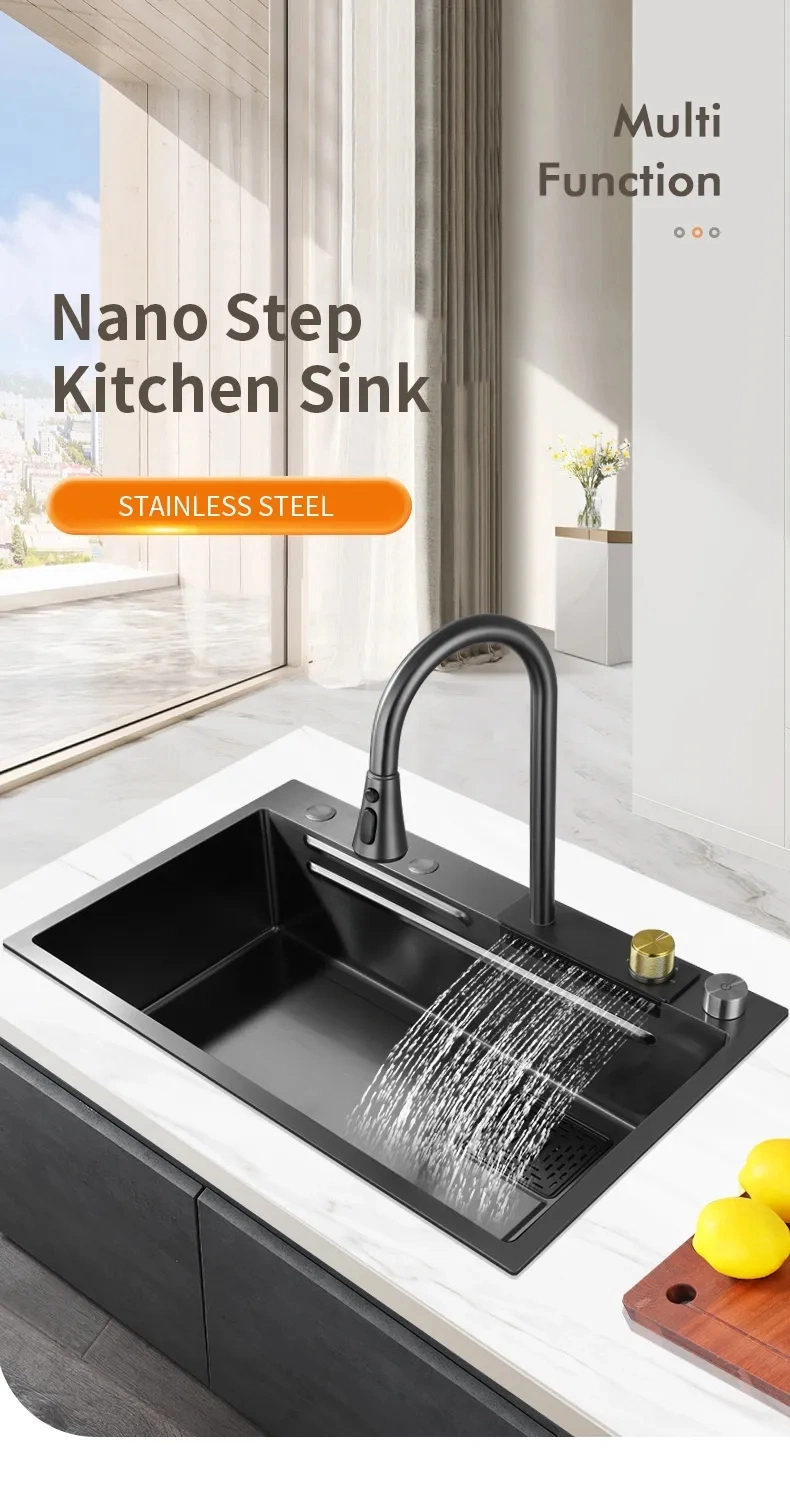 304 Stainless Steel Kitchen Sink Trend Flying Waterfall Multi-Function Kitchen Sink Nano SUS Countertop Undermount Waterfall 201 SUS Kitchen Faucet Sink