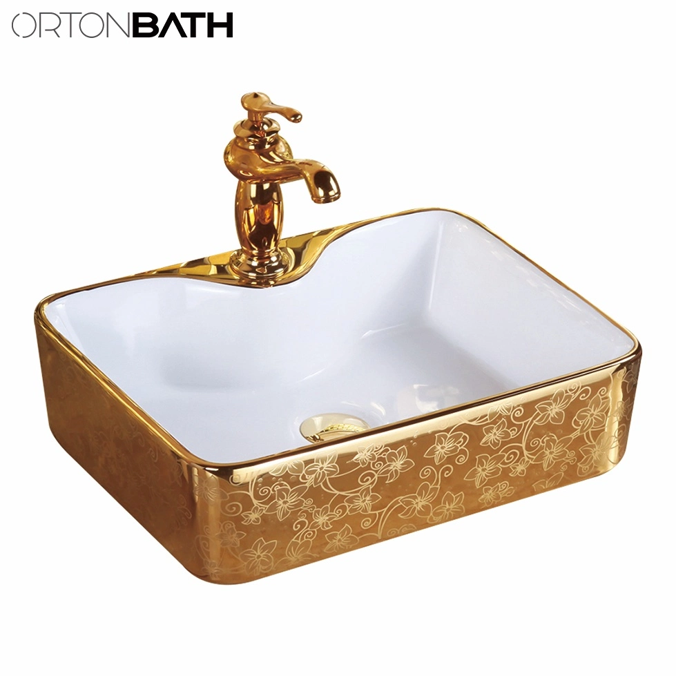 Ortonbath Rectangular Gold Bathroom Counter Top Ceramic Electroplated Basin Art Wash Basin Sink with Tap Faucet Mixer for Bathroom Vanity Cabinet