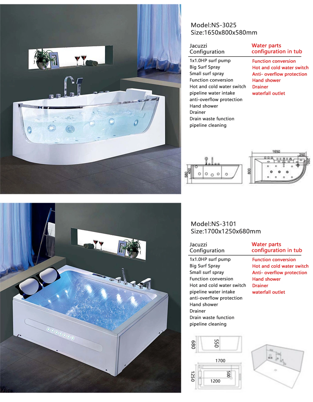 Modern Acrylic Jakuzzi Indoor Bathtub Hydromassage Surfing Whirlpool Waterfall SPA Bathtub for Bathroom