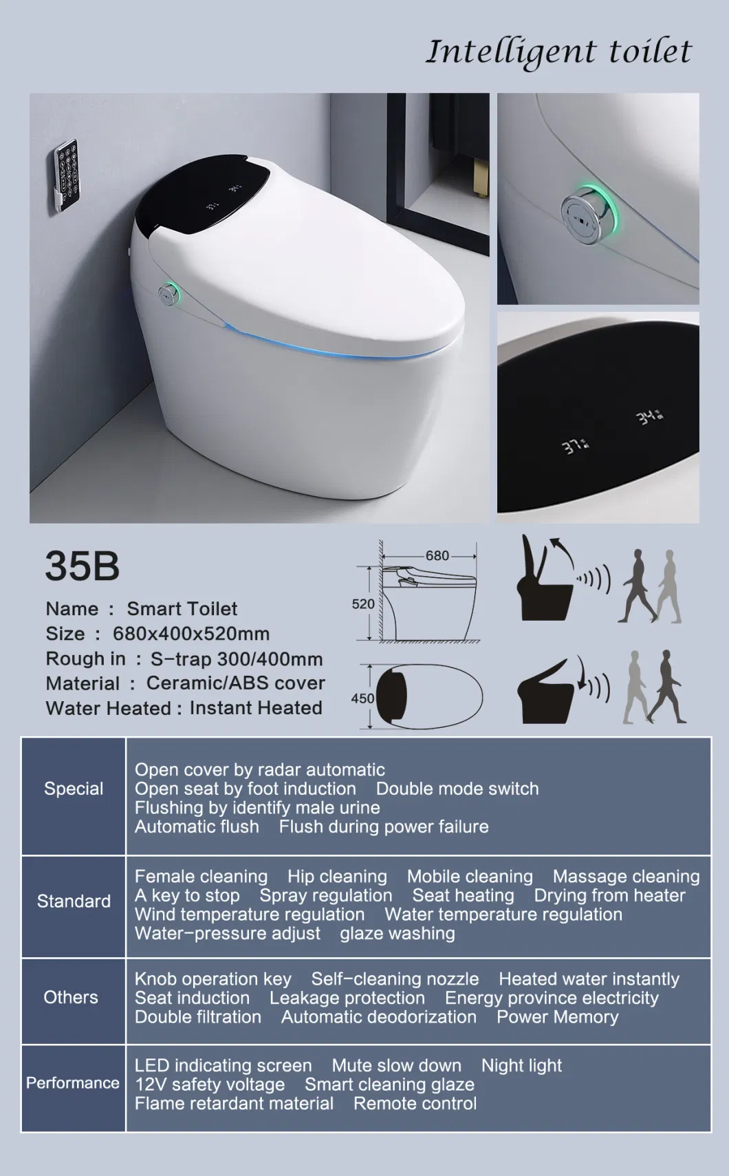 Guangdong Smart Toilet Cover with Remote Control Smart Toilet Floor-Mounted Hotel Bathroom Smart Self-Cleaning Toilet