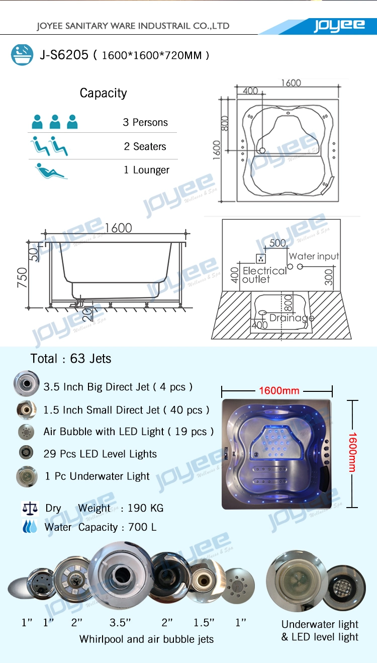 Joyee Air Bubble Massage Jets Hot Tub Freestanding Acrylic Bathtub with Colorful LED Light