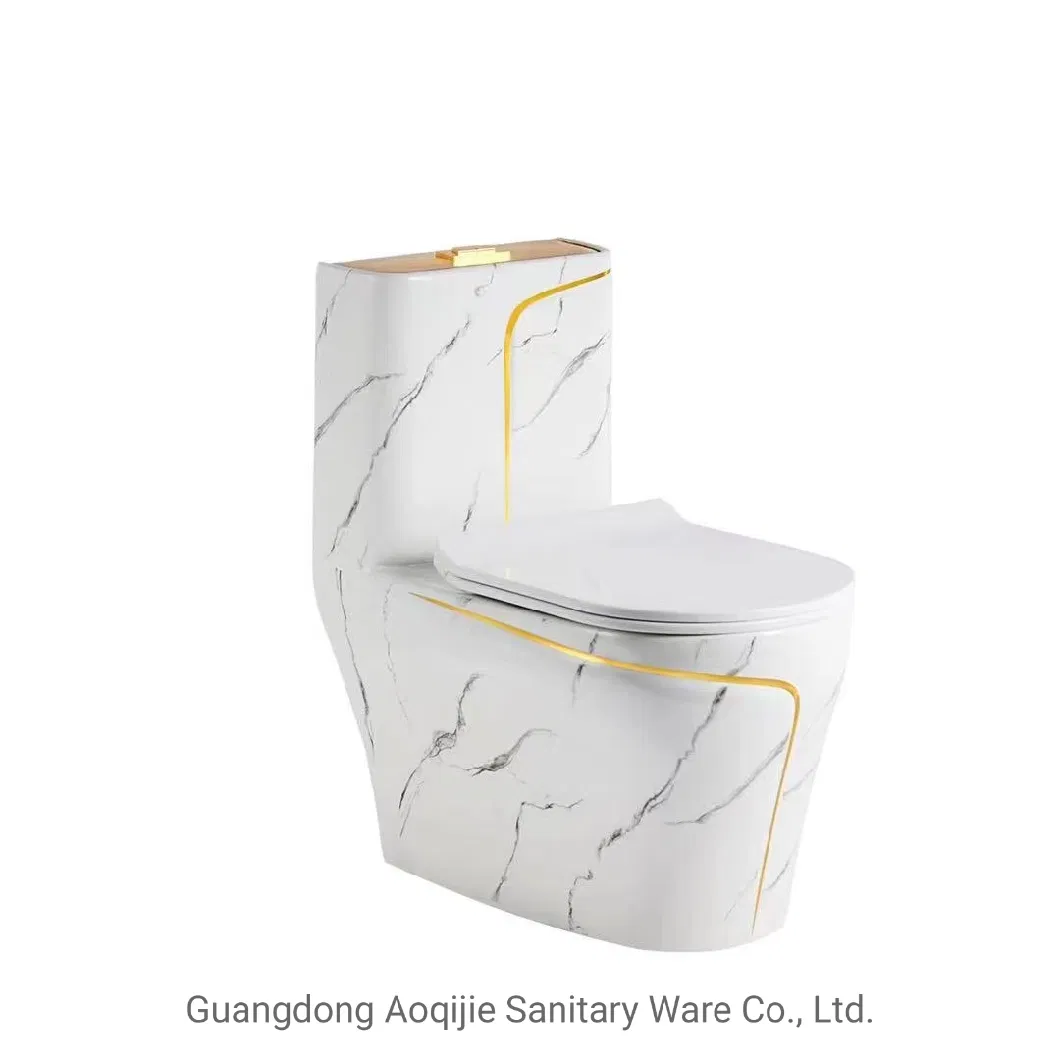 Hot Selling Hotel Chinese Manufacturer Bathroom Wc Water Closet Custom Ceramic Siphonic Flush Sanitary Ware Gold Line One Piece Toilet Marble One Piece Toilet