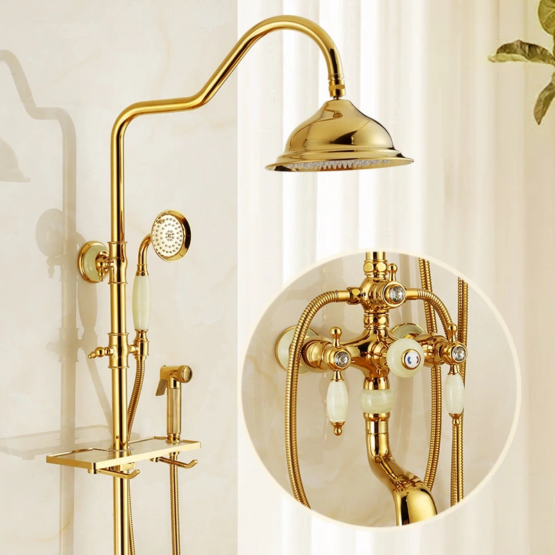 European Style Solid Brass Rain Shower Set Three Water Outlets Golden Shower with The Jade Stone