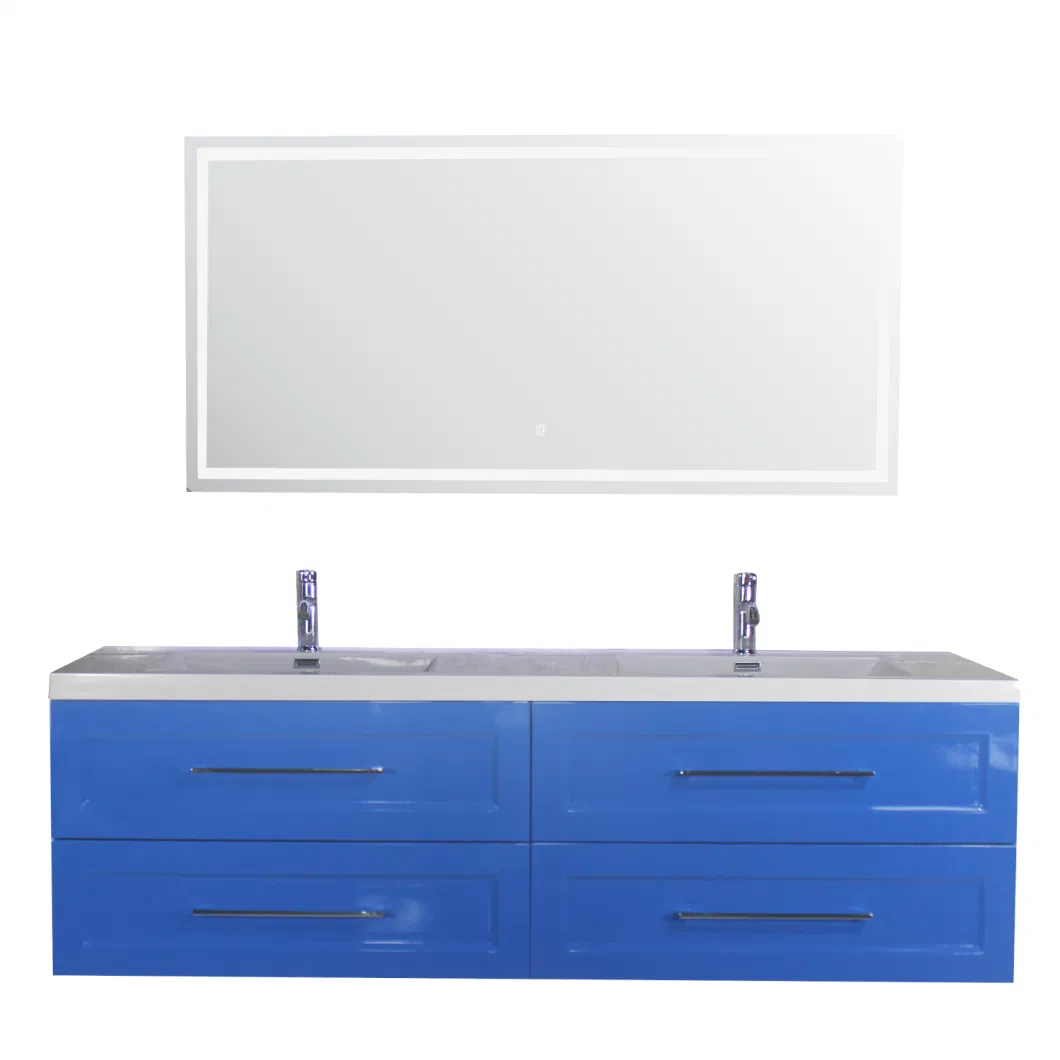 60 Inch Modern Bathroom White High Gloss Painting Plywood Wall Mounted Vanity Unit Cabinet Furniture with LED Mirror