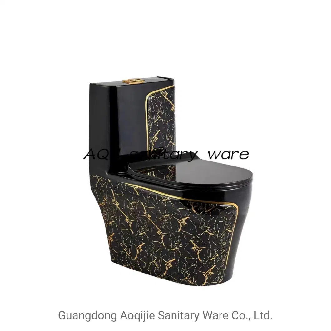 Hot Selling Hotel Chinese Manufacturer Bathroom Wc Water Closet Custom Ceramic Siphonic Flush Sanitary Ware Gold Line One Piece Toilet Marble One Piece Toilet