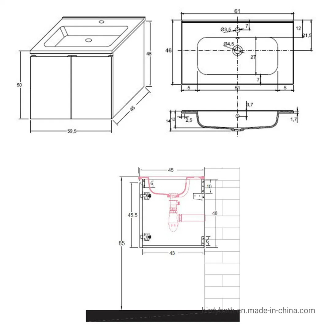 Dark Oak 60cm Compact Suspended Bathroom Cabinet with Washbasin