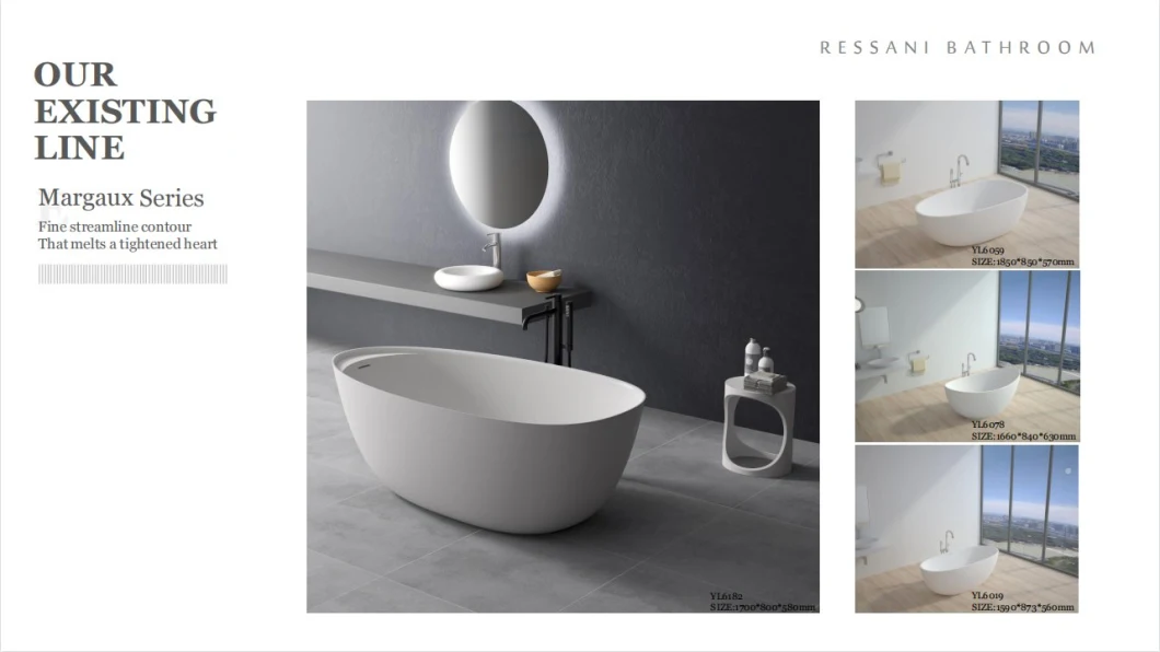 Ressani Yl6119 Freestanding Artificial Stone Resin Stone Composite Acrylic Soaking Bathtub