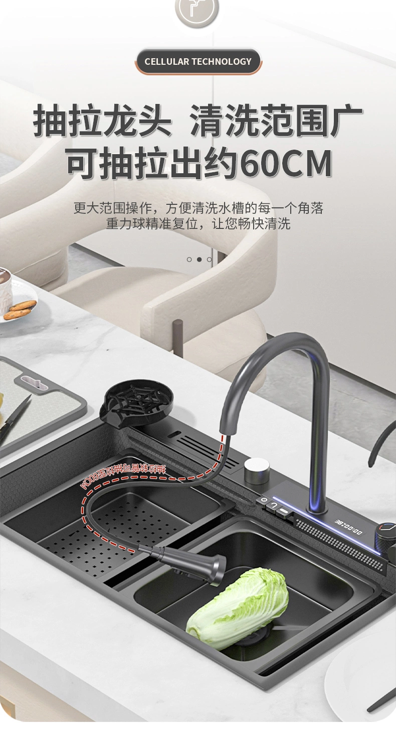 SUS 304 Stainless Steel Black Kitchen Sink Kitchen Faucet Customizable Modern Multifunctional Waterfall Smart Digital Display Bowl Sink Price