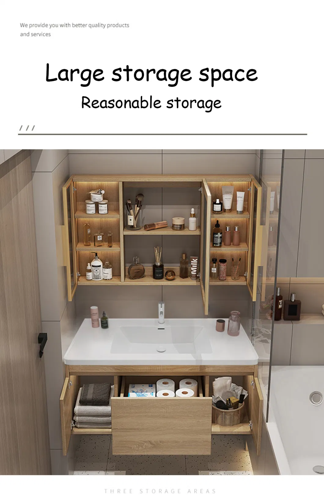 Bathroom Storage Cabinet with Sink Modern Solid Wood Bathroom Vanity with LED Mirror Custom Bathroom Furniture