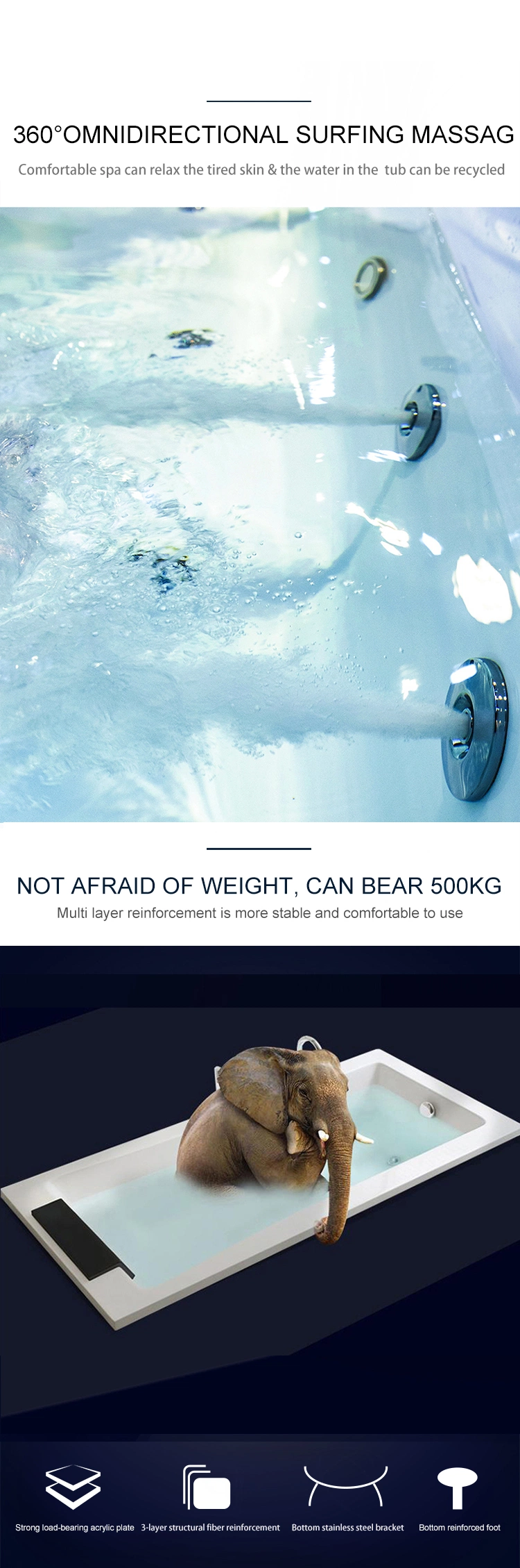 Acrylic One Persons Whirlpool Hydro Massage Drop in Bathroom Built-in Bath Tub