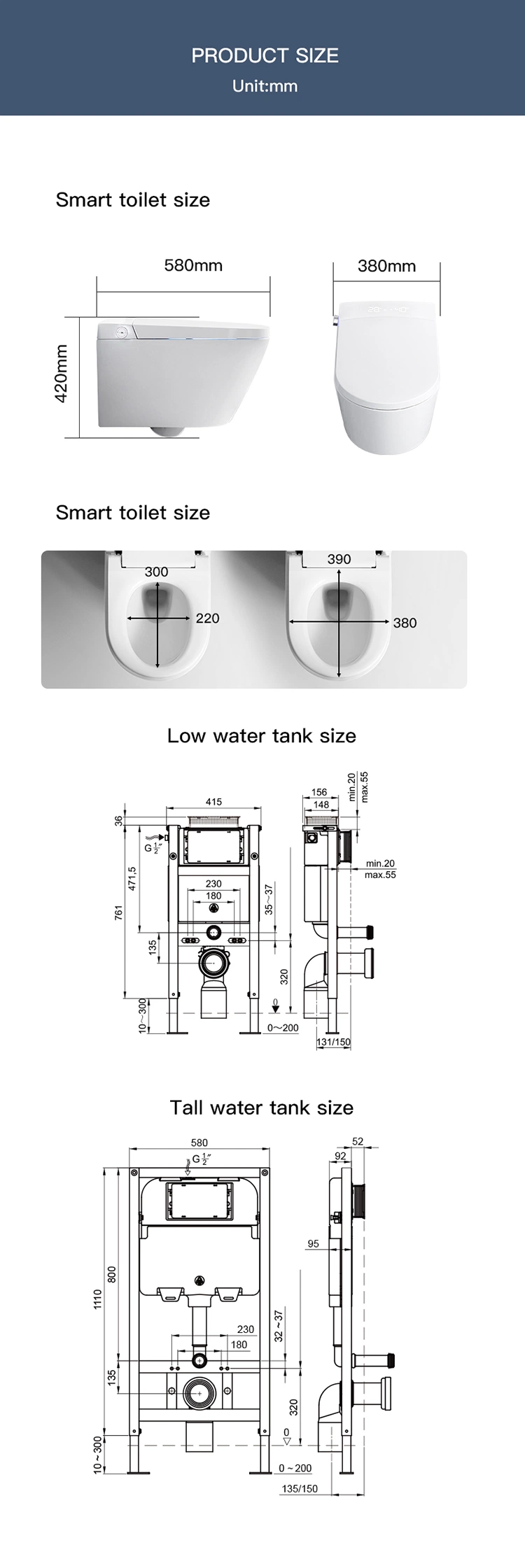 Black Intelligent Electric Bidet Heated Toilet Seat Automatic Smart Small Toilet with Remote Control