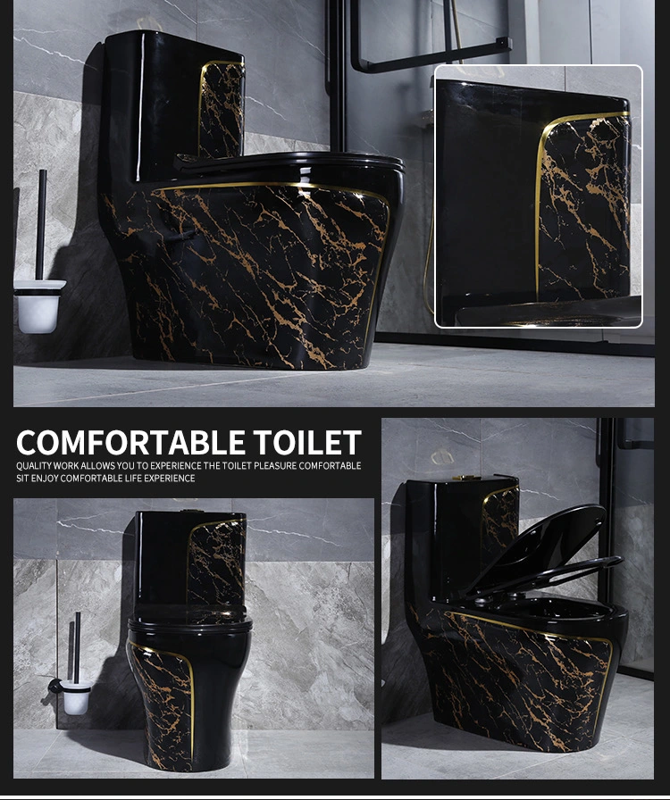 Hot Selling Hotel Chinese Manufacturer Bathroom Wc Water Closet Custom Ceramic Siphonic Flush Sanitary Ware Gold Line One Piece Toilet Marble One Piece Toilet