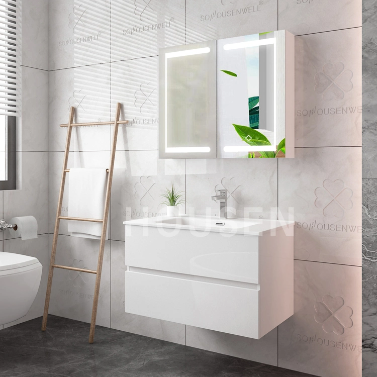 Wall Mounted White Ceramic Basin Rectangle LED Mirror Light Bathroom Sets Cabinets Modern Luxury Bathroom Vanity with Sink
