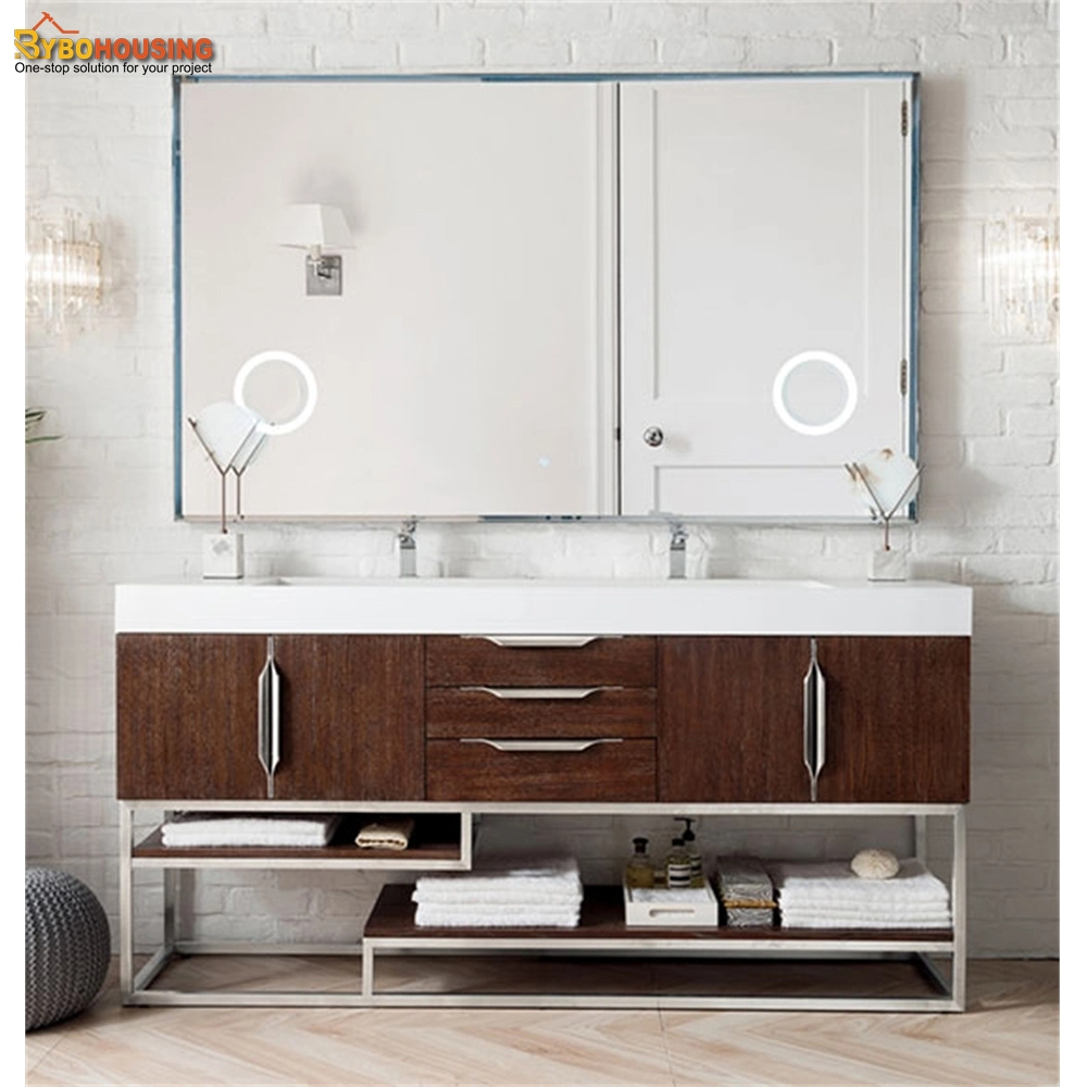 White Freestanding Solid Wood Double Sink Bathroom LED Mirror Dressing Table Cabinet
