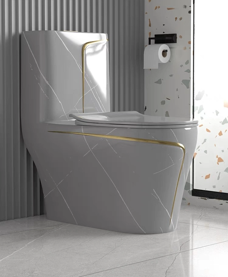 Hot Selling Hotel Chinese Manufacturer Bathroom Wc Water Closet Custom Ceramic Siphonic Flush Sanitary Ware Gold Line One Piece Toilet Marble One Piece Toilet