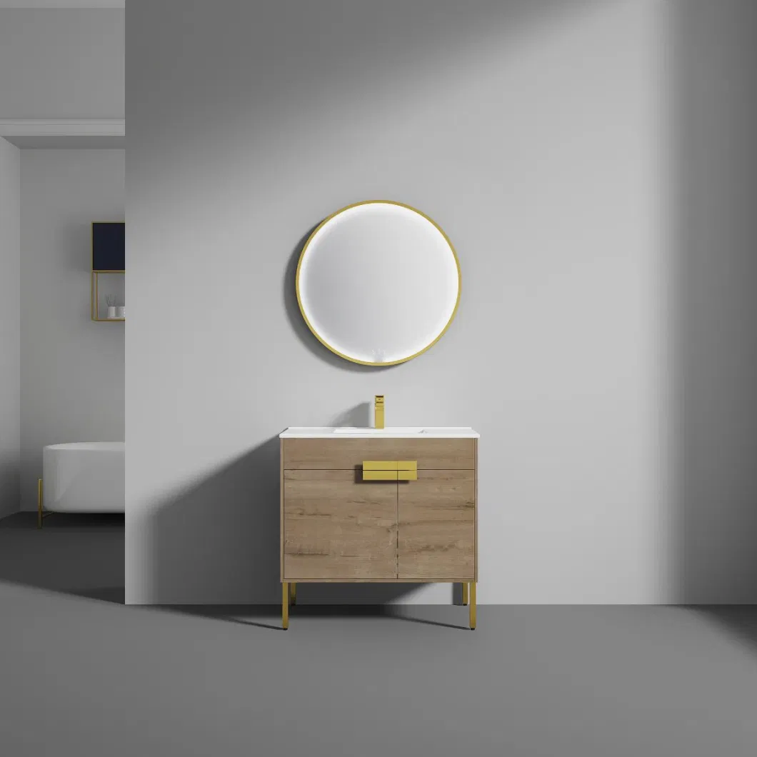 European Style Bathroom Furniture Metal Handle LED Mirror Floor Mounted Bathroom Cabinet
