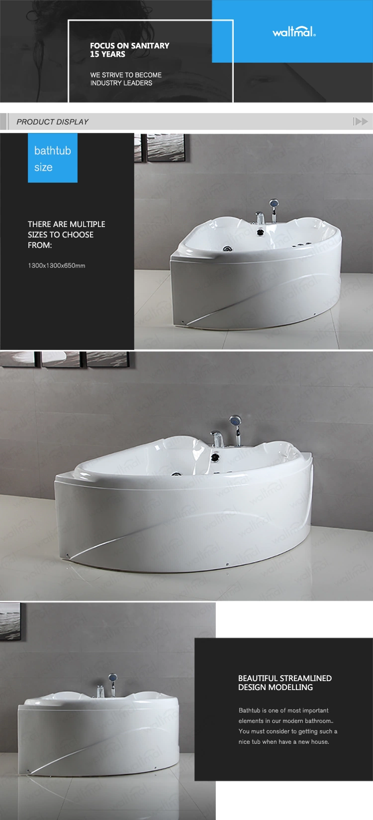 Fashion Popular Corner Whirlpool Jets Masssage Bathtub