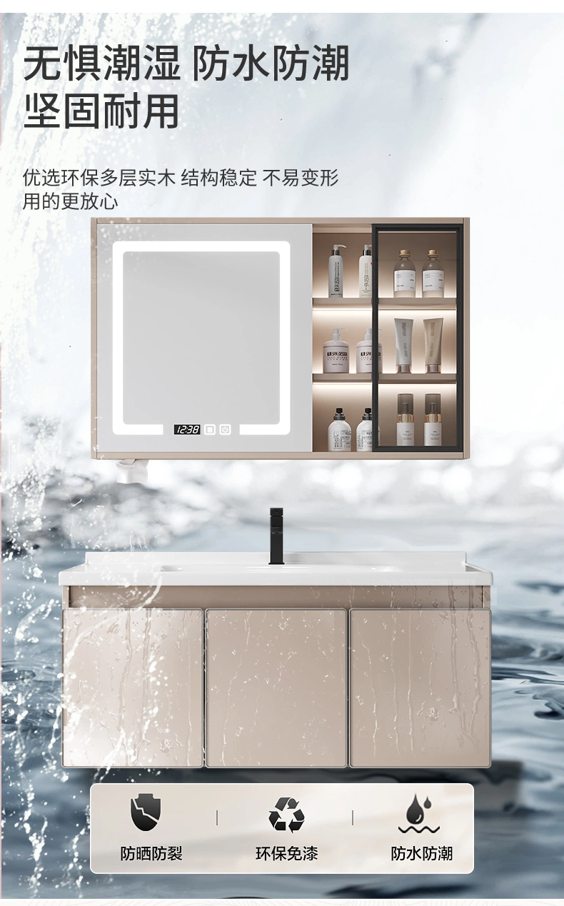 Made in China Solid Wooden Bathroom Vanity Cabinet with Ceramic Countertop Art Wash Basin LED Mirror Cabinet