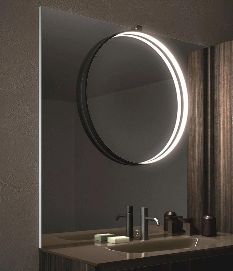 Ortonbath Half Circle Moon Black Framed Wall Hung Mirror LED Lights Touch Sensor Switch Backlit Bathroom Vanity Cabinet Compact Mirror Without LED