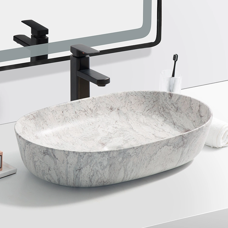 Bathroom Factory Supplier Natural White Marble Bathroom Furniture Basin Ceramic Wash Basin Over Counter Marble Pattern Bathroom Sink