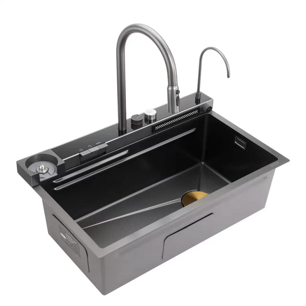 2023 Nano Black Modern Undermount Multifunction Smart Digital 304 Stainless Steel Handmade Farmhouse Single Bowl Waterfall Kitchen Sink