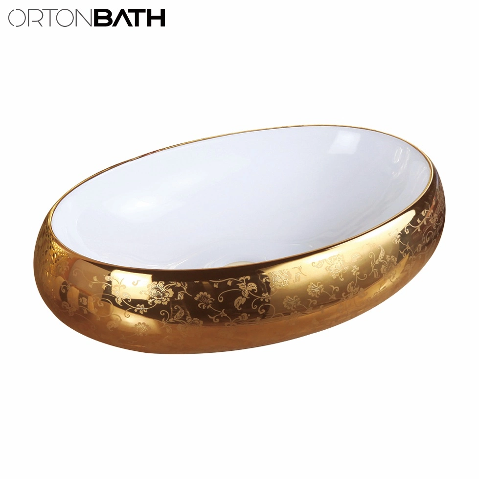 Ortonbath Rectangular Gold Bathroom Counter Top Ceramic Electroplated Basin Art Wash Basin Sink with Tap Faucet Mixer for Bathroom Vanity Cabinet