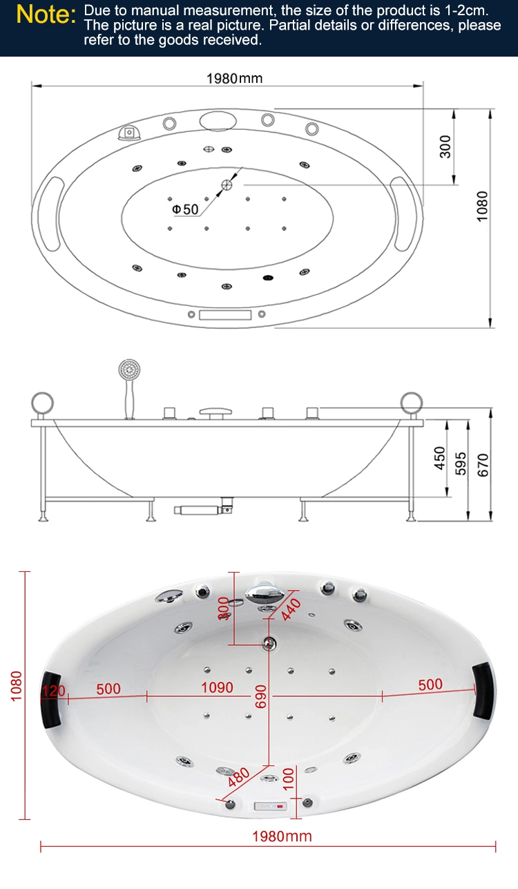 on Sale: CE/Cupc 2m Large Bathtub Whirlpool/Bubble Massage Tub with Soft Shower Pillows at Both Ends