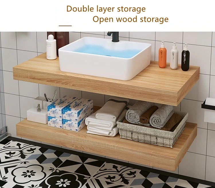 Nordic Style a Wood Color Bathroom Furniture White Wash Basin Double-Deck Storage Cabinet