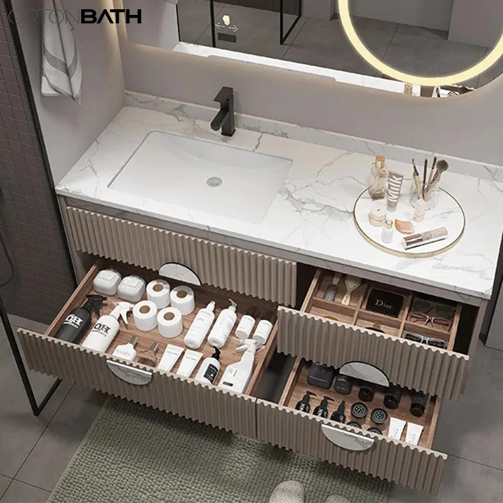 Ortonbath Modern Wall Mount Bathroom Wood Vanity Unit Cabinet Artificial Marble Stone Bathroom Furniture with LED Mirror Cabinet and Marble Handle