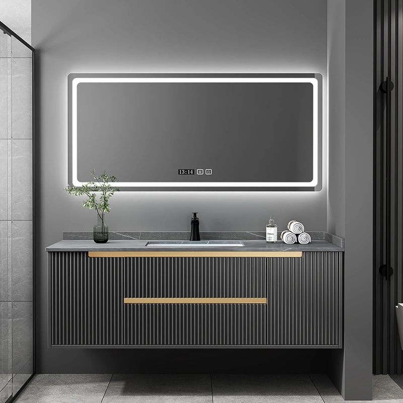 Grey Color Modern New Design Wall Mounted Two Drawers LED Lighted Mirror Bathroom Vanity Cabinet with Rock Plate Sink and Marble Top