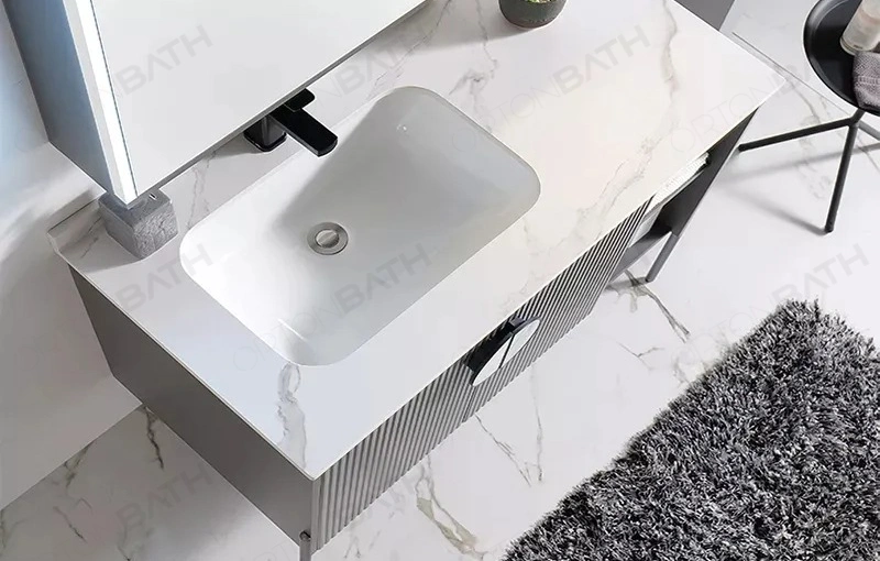 Ortonbath Modern Wall Mount Bathroom Wood Vanity Unit Cabinet Artificial Marble Stone Bathroom Furniture with LED Mirror Cabinet and Marble Handle