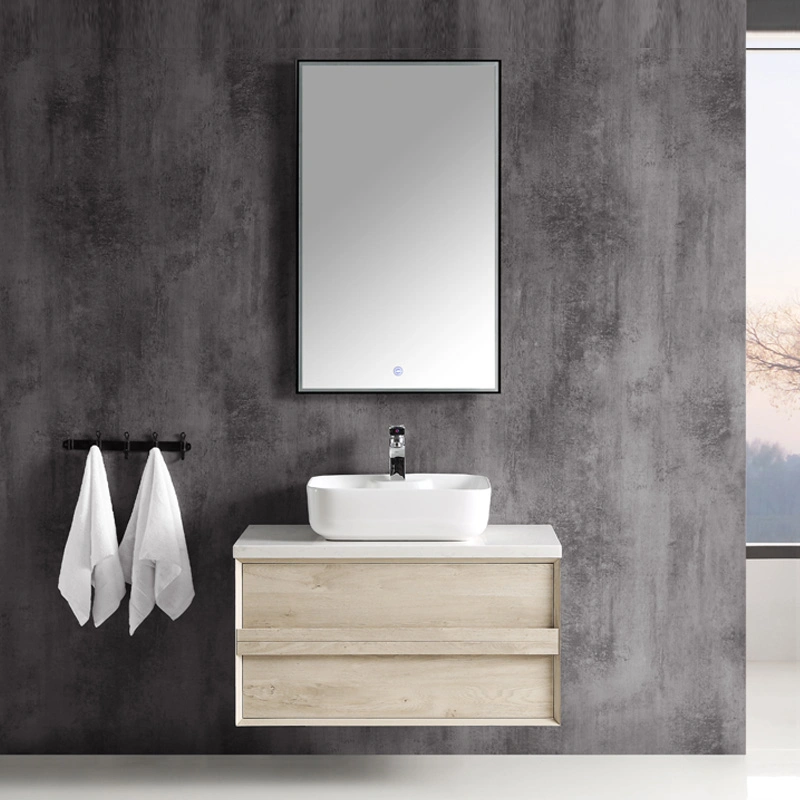 Modern Wall Mounted Double Sink Ceramic Wash Basin Sink MDF Bathroom Furniture LED Mirror Wood Vanity Cabinet with Scratchless Stone Top