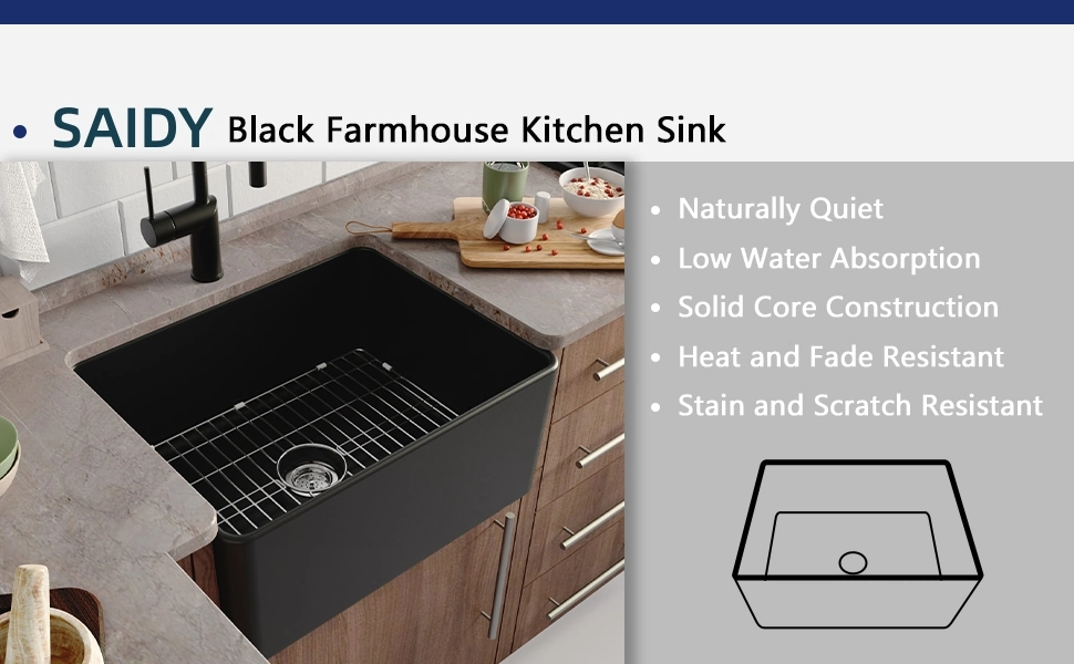 China Wholesale Marble 24&quot;L X 18&quot;W Farmhouse Sink with Bottom Grid and Strainer, Apron Sink Single Bowl Sink, Black Small Kitchens Sinks