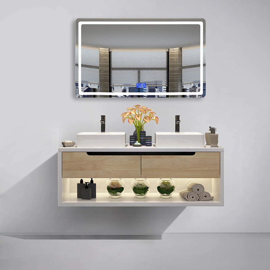 Modern Wall Mounted Double Sink Ceramic Wash Basin Sink MDF Bathroom Furniture LED Mirror Wood Vanity Cabinet with Scratchless Stone Top
