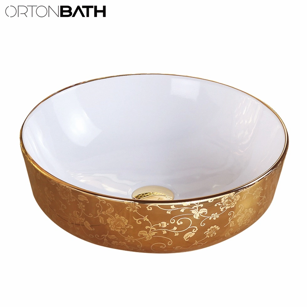 Ortonbath Rectangular Gold Bathroom Counter Top Ceramic Electroplated Basin Art Wash Basin Sink with Tap Faucet Mixer for Bathroom Vanity Cabinet