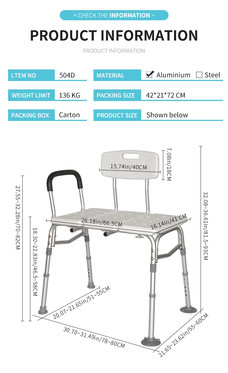 Bath Shower Transfer Bench Adjustable Handicap Shower Chair Medical Bathroom Accessibility Aid for Elderly Disabled