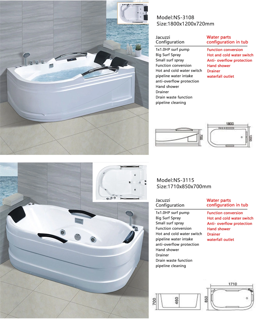 Modern Acrylic Jakuzzi Indoor Bathtub Hydromassage Surfing Whirlpool Waterfall SPA Bathtub for Bathroom