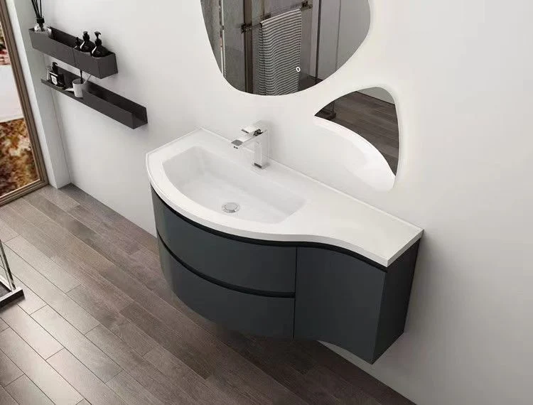 Floating Curved White Bathroom Vanity Wall Mounted Half-Circle Bathroom Cabinet with Glass Basin