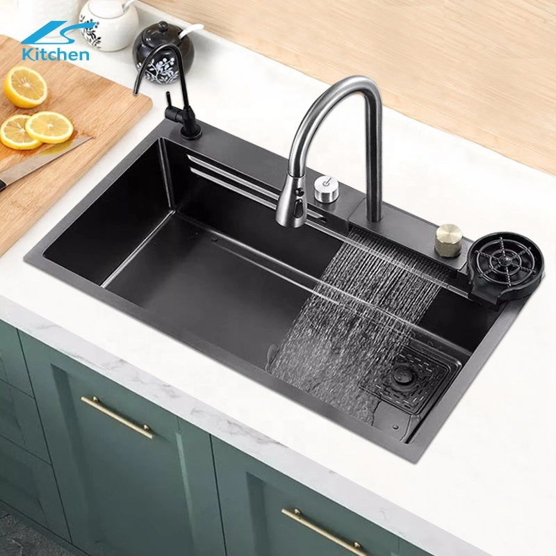 Nano Fregadero Waterfall Lavaplatos Handmade Stainless Steel Black Modern Wash Basin Kitchen Sink