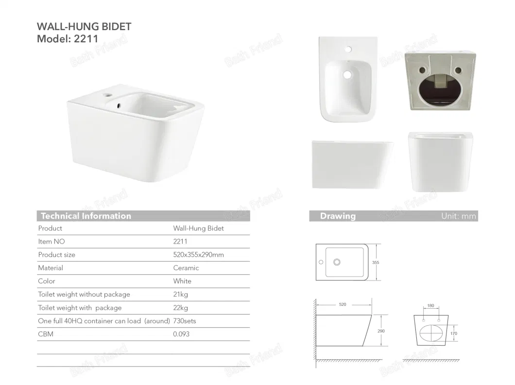 Floor Standing Modern Style Square Shape White Single Hole Ceramic Toilet Bidet Seat Bidets